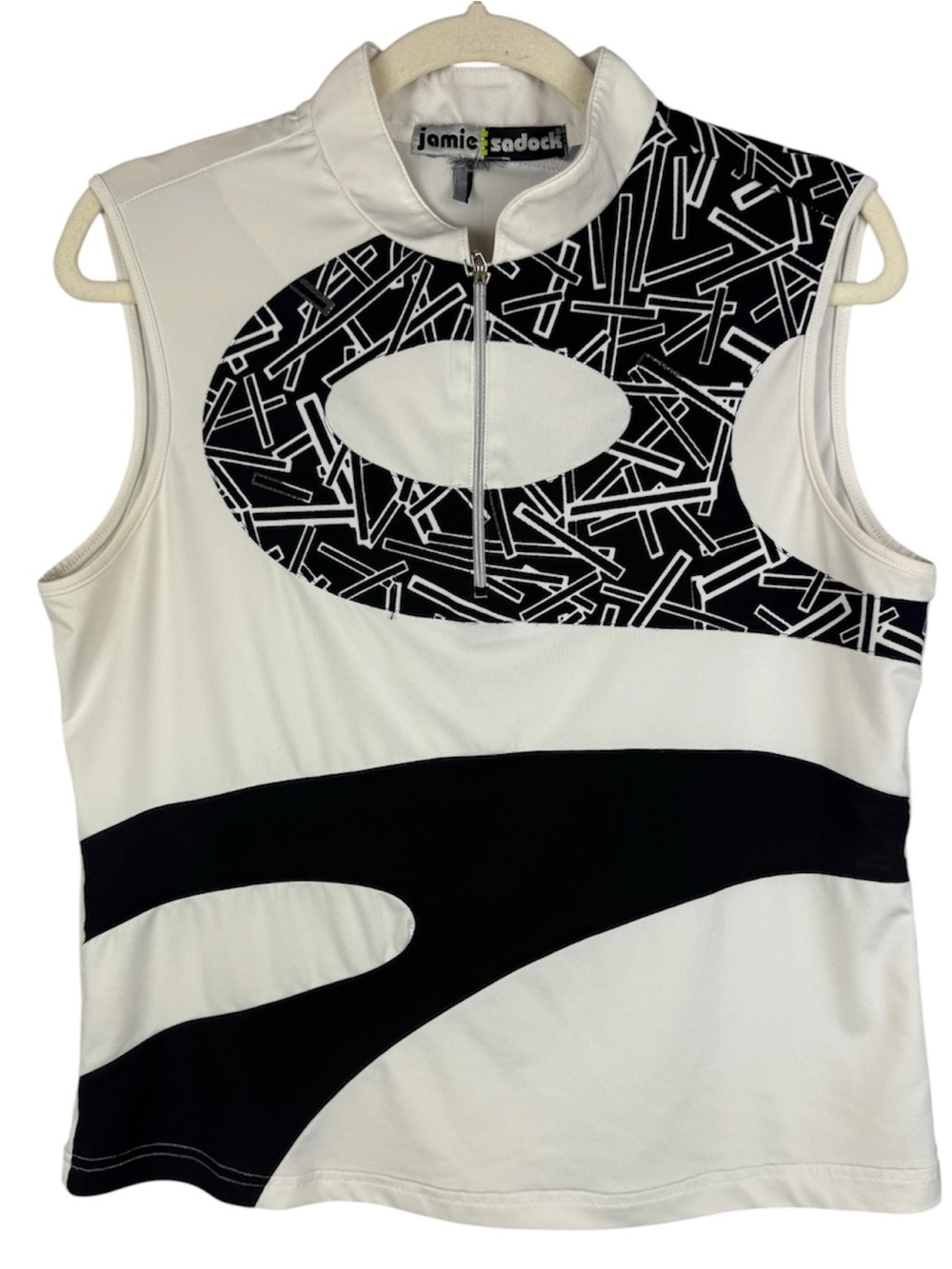 Jamie Sadock Sleeveless Golf Top Quarter Zip Black White Abstract Print